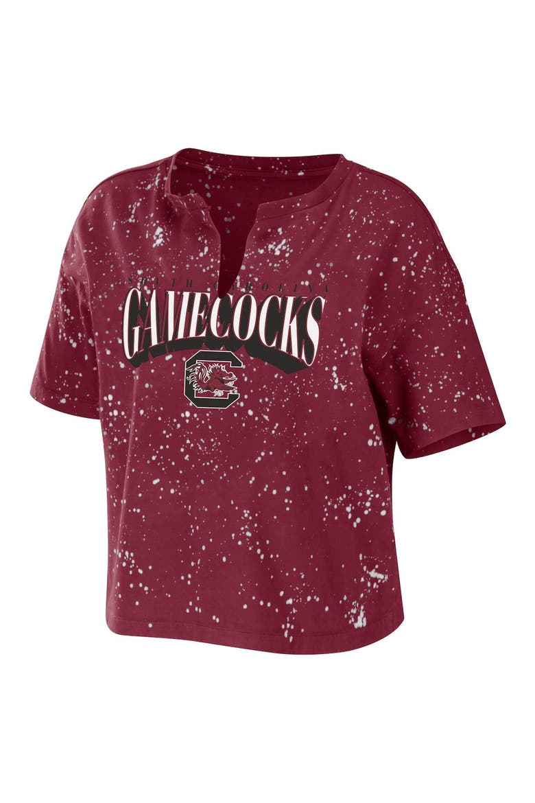 Women's WEAR by Erin Andrews Garnet South Carolina Gamecocks Bleach Wash Splatter Cropped Notch Neck T-Shirt, Alternate, color, Garnet