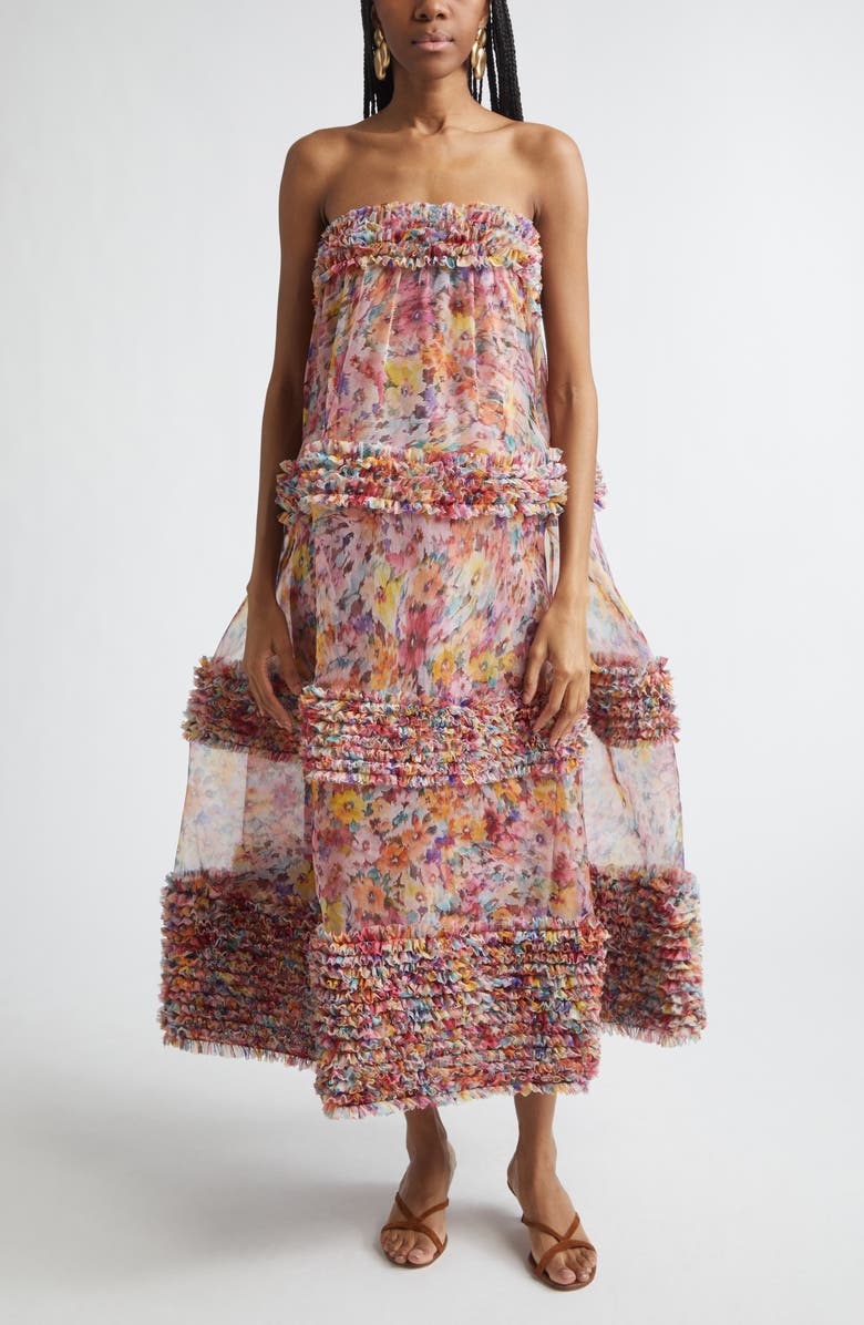 Zimmermann Kindred Spirit Luna Ruffle Bandeau Silk Organza Gown, Main, color, Multi Floral
