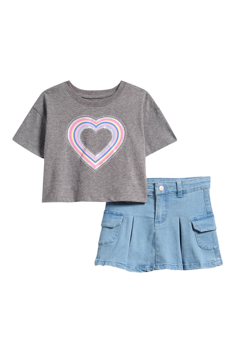 Kids' Graphic T-Shirt & Denim Skirt Set, Main, color, GREY HEATHER