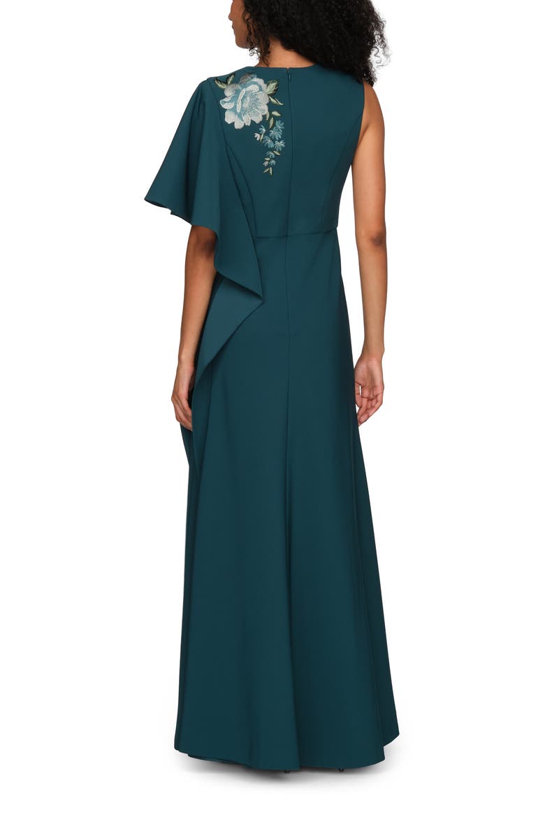 Alisha Embroidered Floral Detail Asymmetric Sleeve Gown, Alternate, color, DEEP TEAL