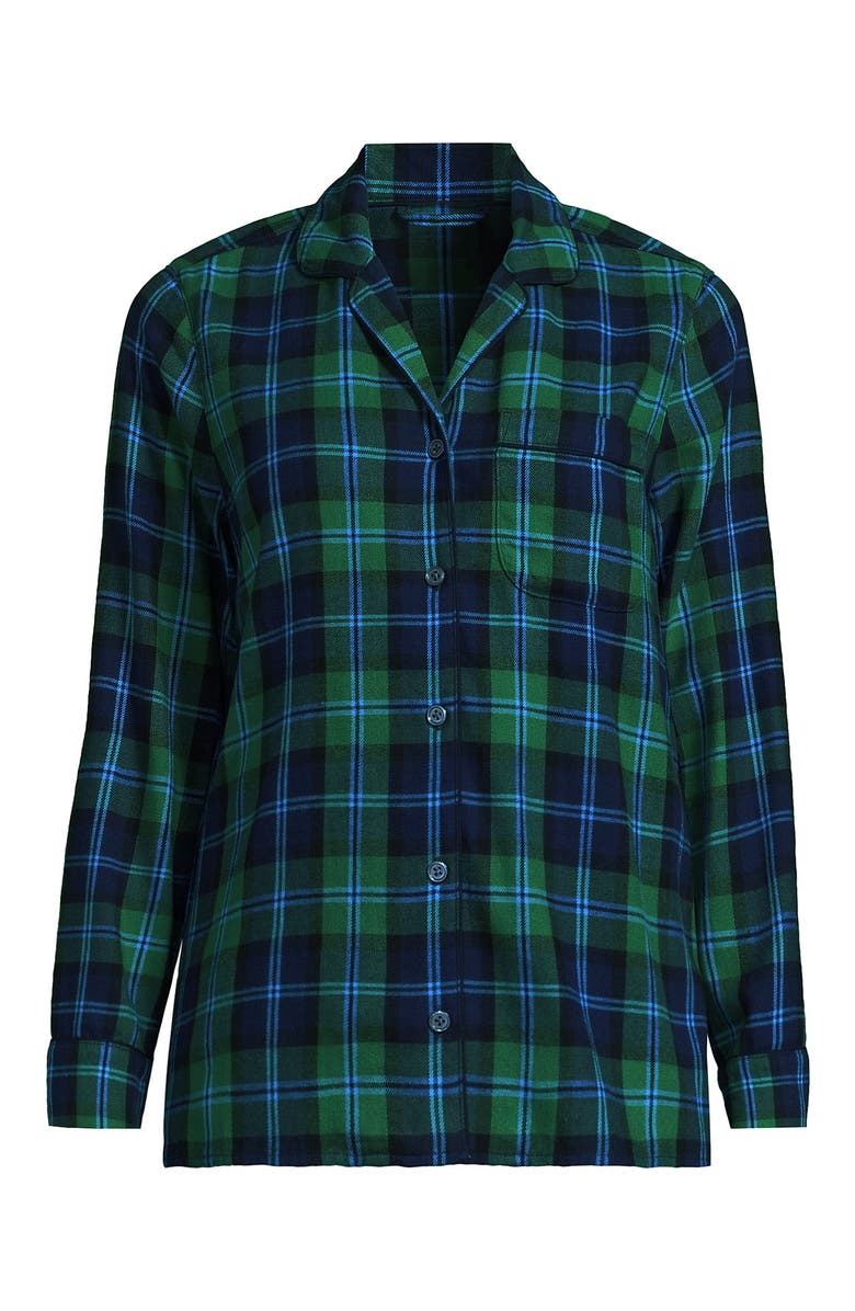 Lands
End Long Sleeve Print Flannel Pajama Top, Alternate, color, Light Emerald Blackwatch