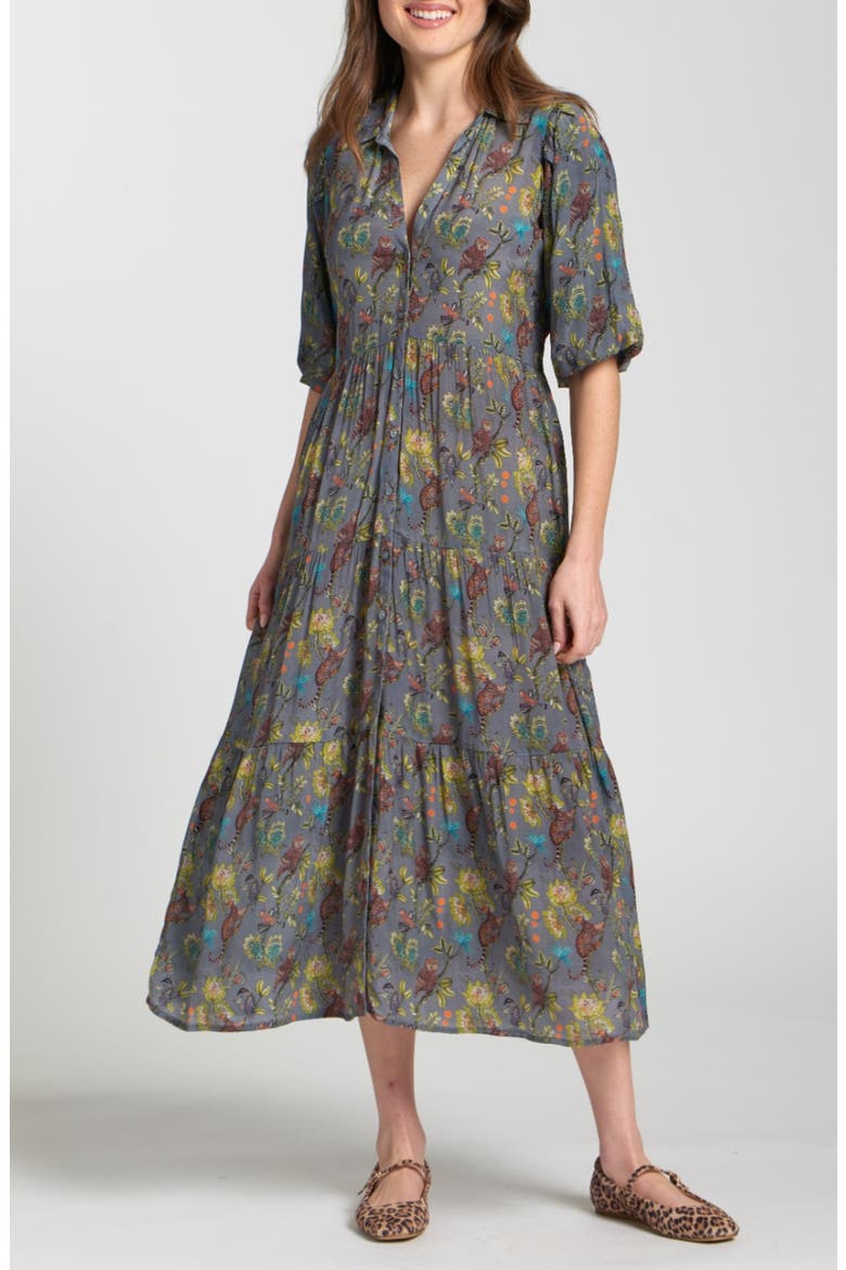 Puff Sleeve Tiered Shirtdress, Main, color, GREY MULTI