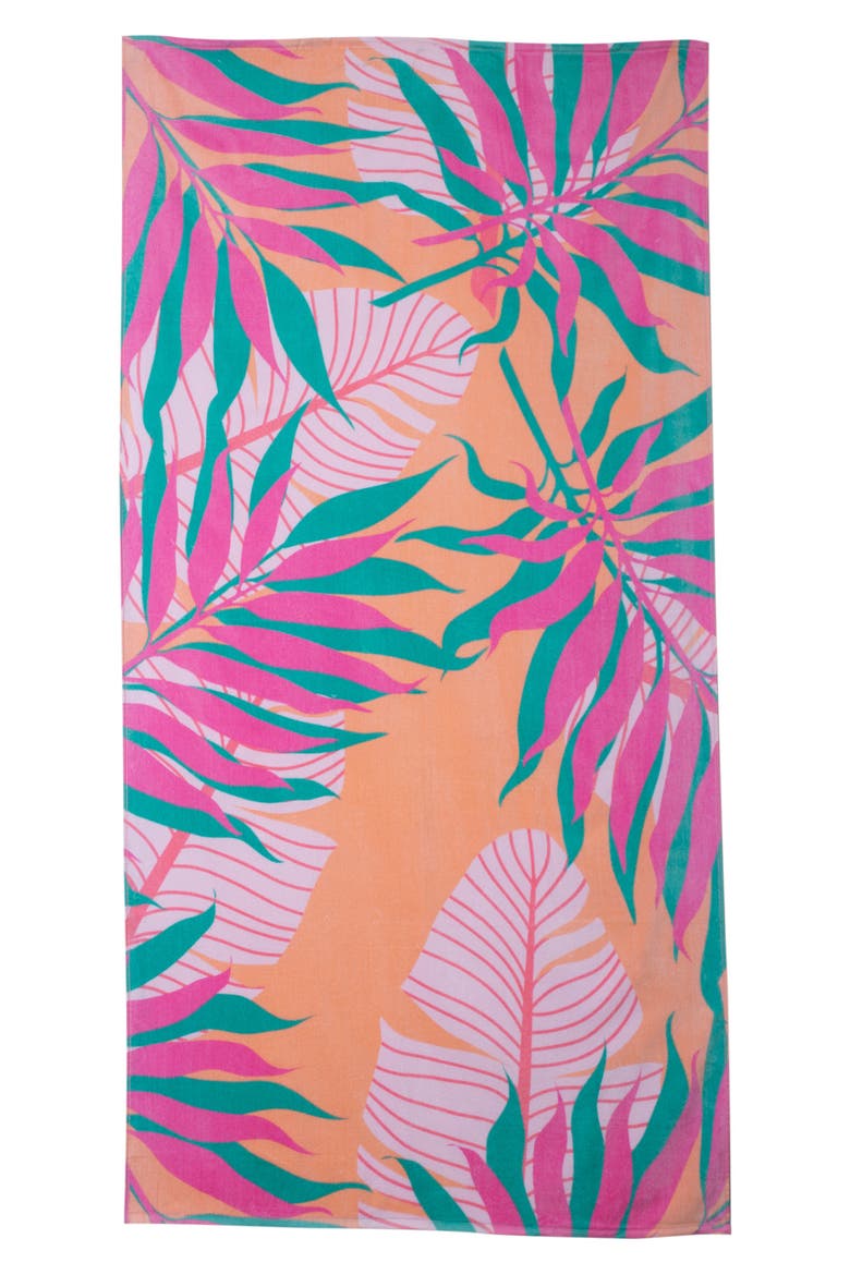 Tropical Leaves Rectangle Beach Towel, Main, color, PINKS WITH BLUE
