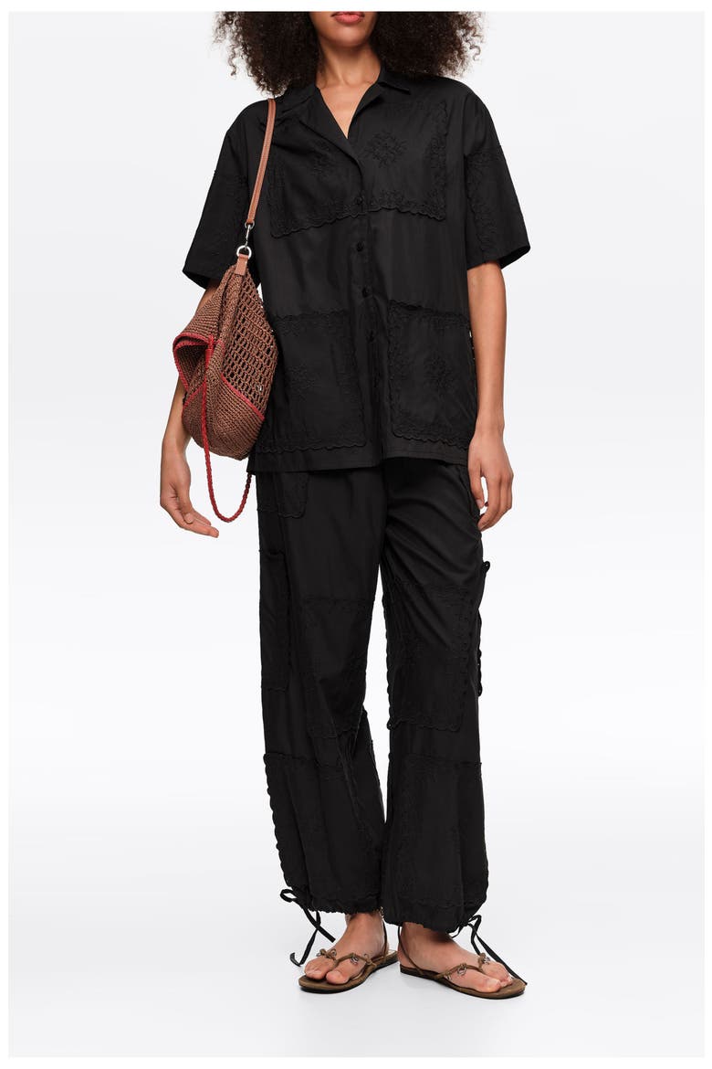 Scarf-Embroidered Patchwork Trousers, Alternate, color, BLACK