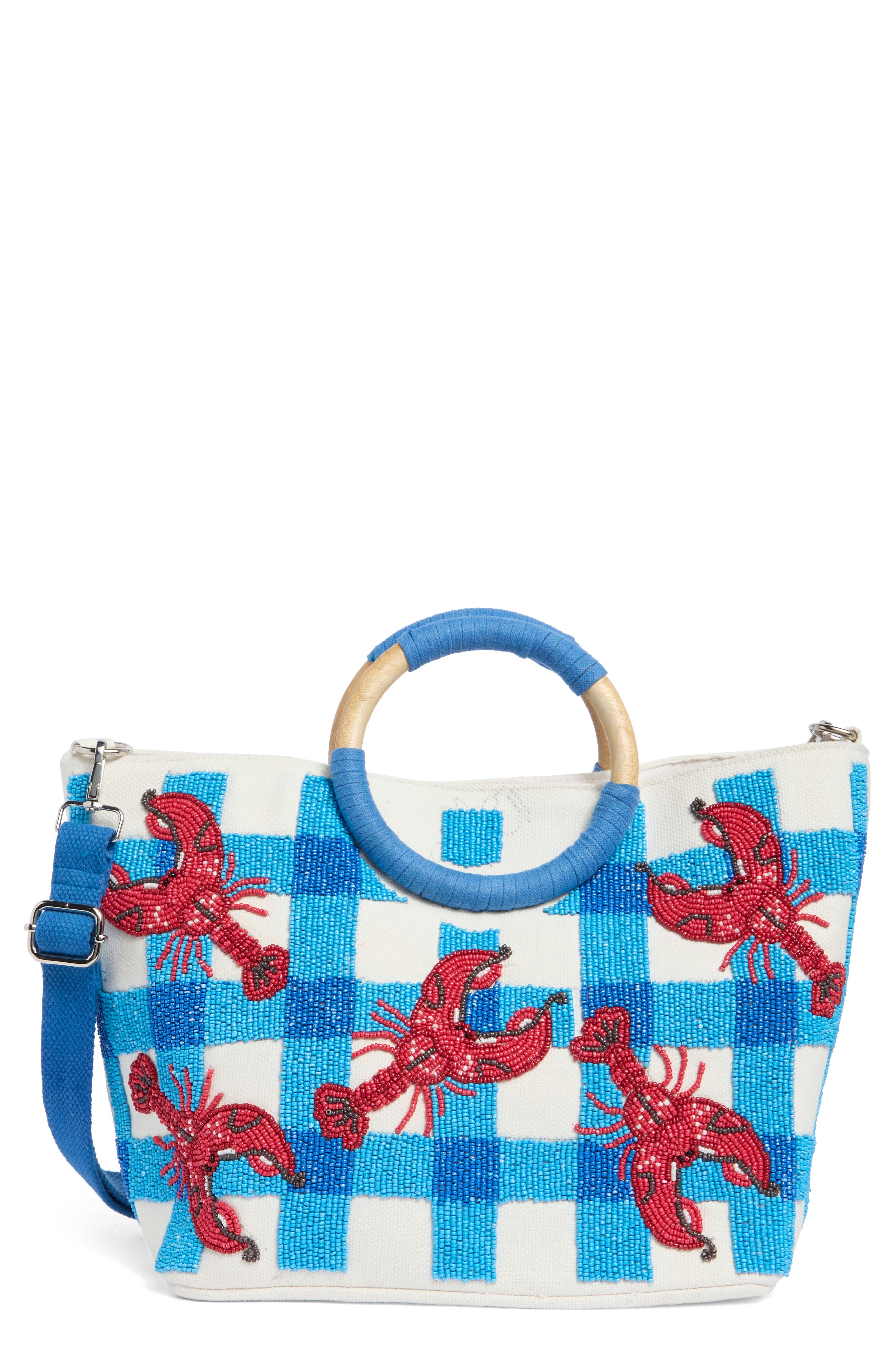 Beaded East/West Tote Bag, Main, color, BLUE