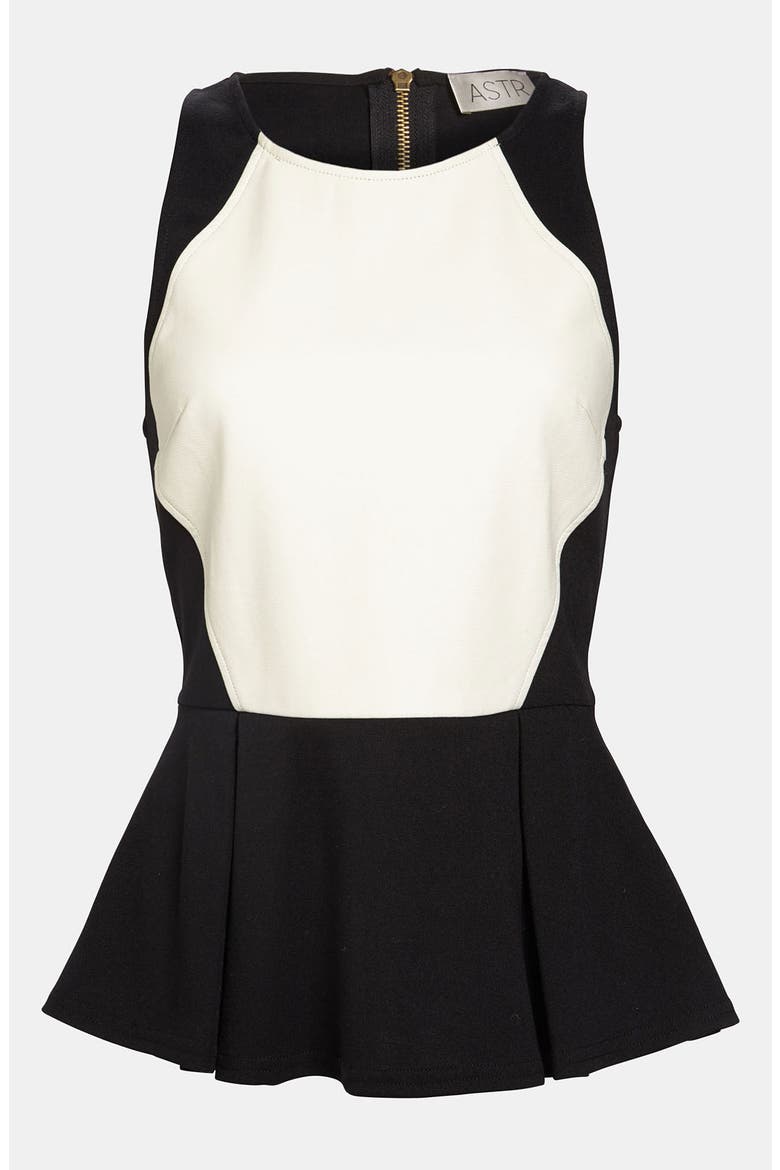 ASTR Faux Leather Front Peplum Tank, Main, color, BLACK/ WHITE
