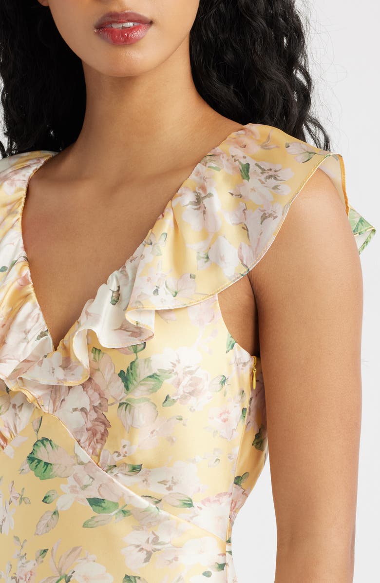 Lulus Carter Ruffle Neck Tie Back Maxi Dress, Alternate, color, Yellow Floral