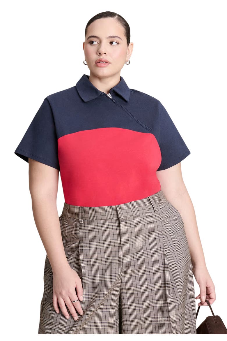 Asym Zipper Neck Polo Shirt, Main, color, RED AND NAVY