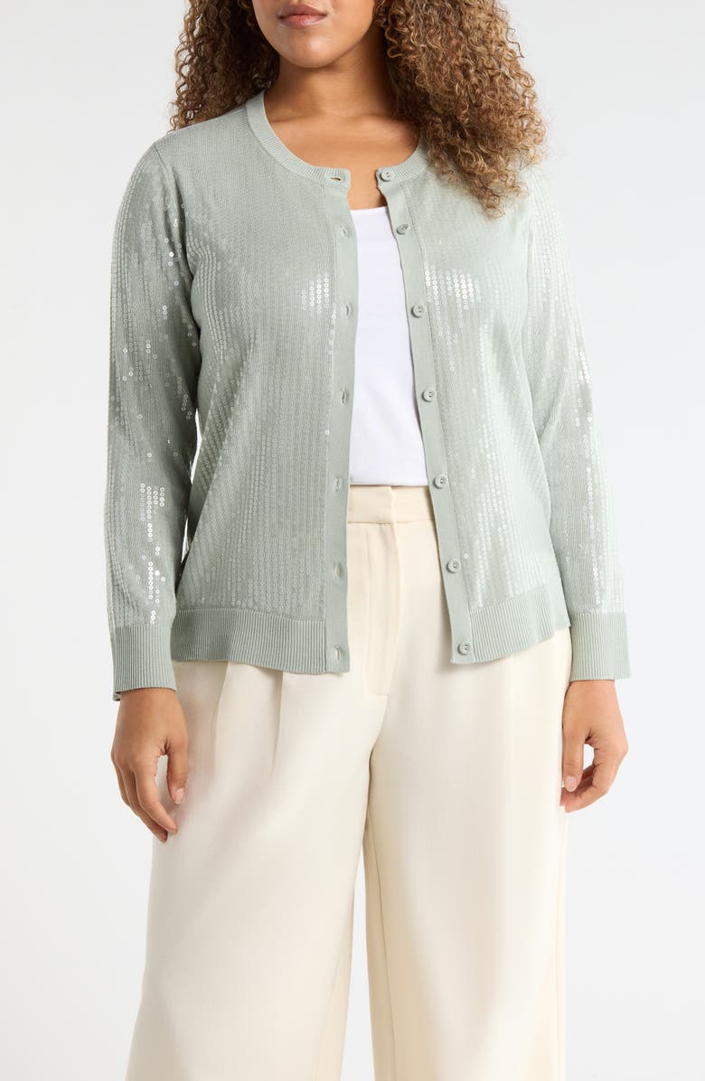 Anne Klein Clear Sequin Cardigan, Main, color, Soft Aloe