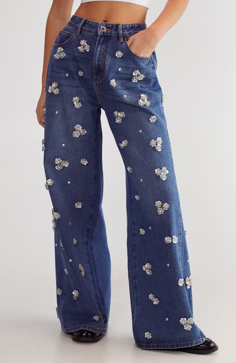 Floral Embellished Wide Leg Jeans (Authentic Denim)