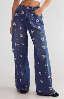NASTY GAL Floral Embellished Wide Leg Jeans