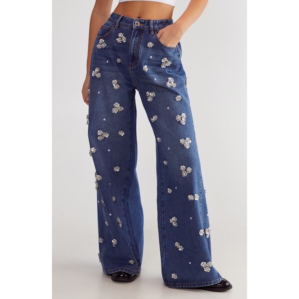 Nasty Gal Floral Embellished Wide Leg Jeans In Authentic Denim