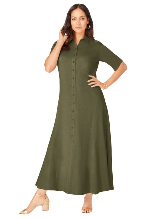 Jessica London Stretch Cotton Button Front Maxi Dress In Green