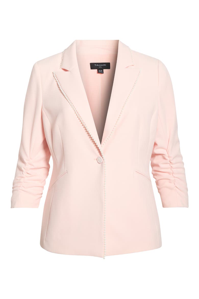 Faux Pearl Detail Ruched Sleeve Blazer, Alternate, color, TEA ROSE