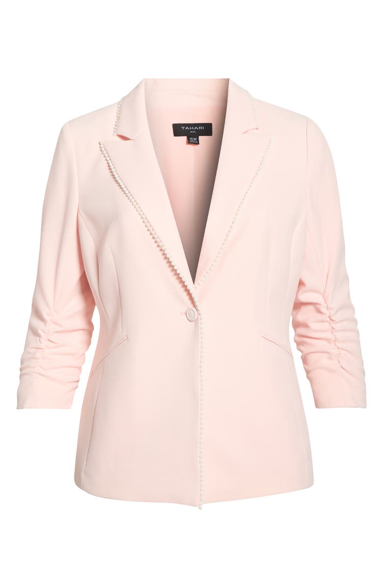 Tahari ASL Faux Pearl Detail Ruched Sleeve Blazer, Alternate, color, Tea Rose