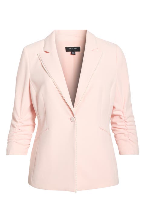 Faux Pearl Detail Ruched Sleeve Blazer (Plus)