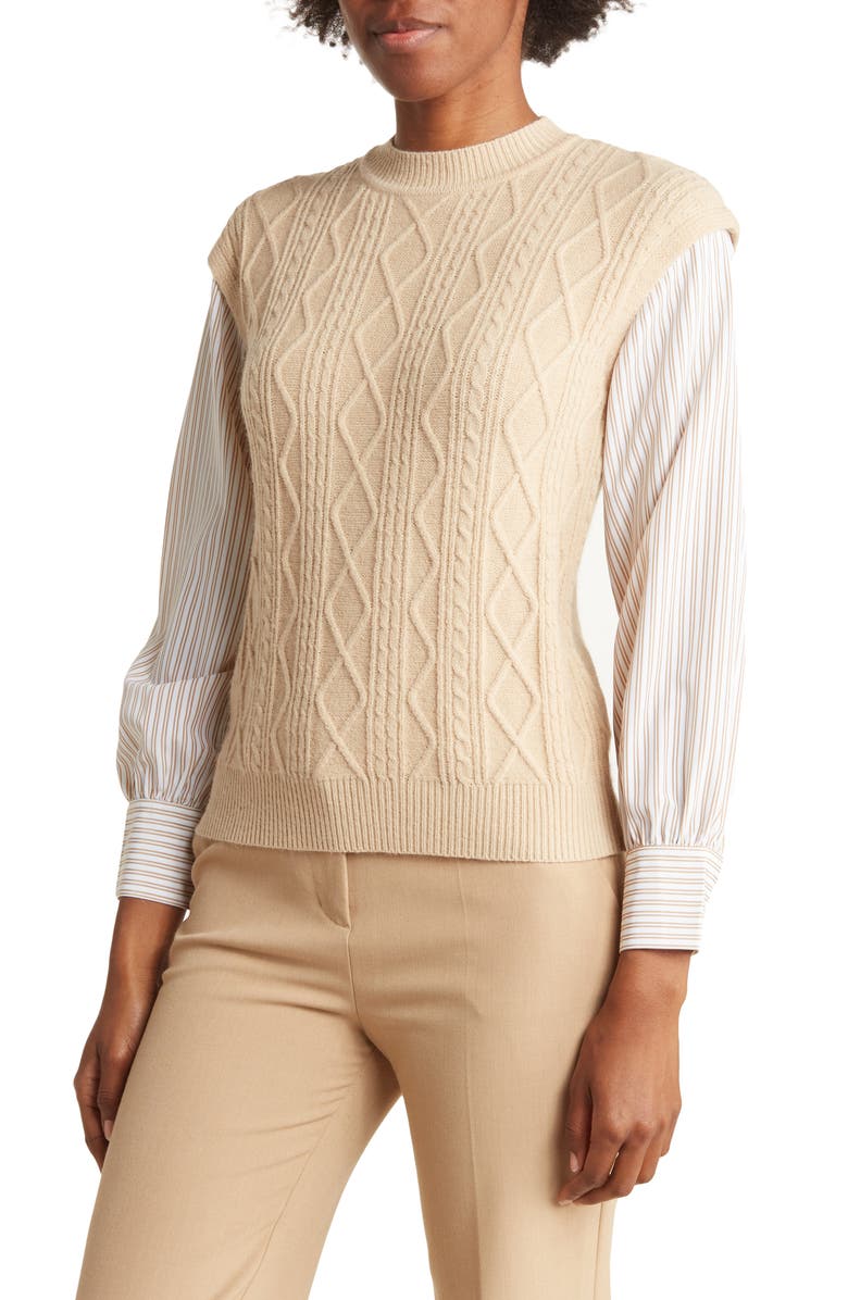 Nanette Lepore Twofer Cable Knit Poplin Shirt, Main, color, 