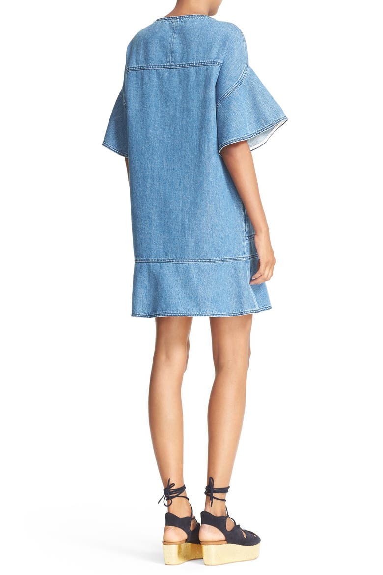 Ruffle Sleeve Denim Dress, Alternate, color, WASHED INDIGO