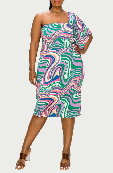 Wanda Print One-Shoulder Dress (Plus)