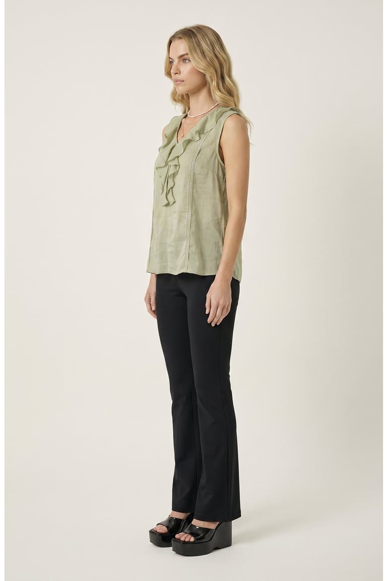 Sleeveless Ruffle Front Blouse with Lace Inset Trim and V Neckline, Alternate, color, Green