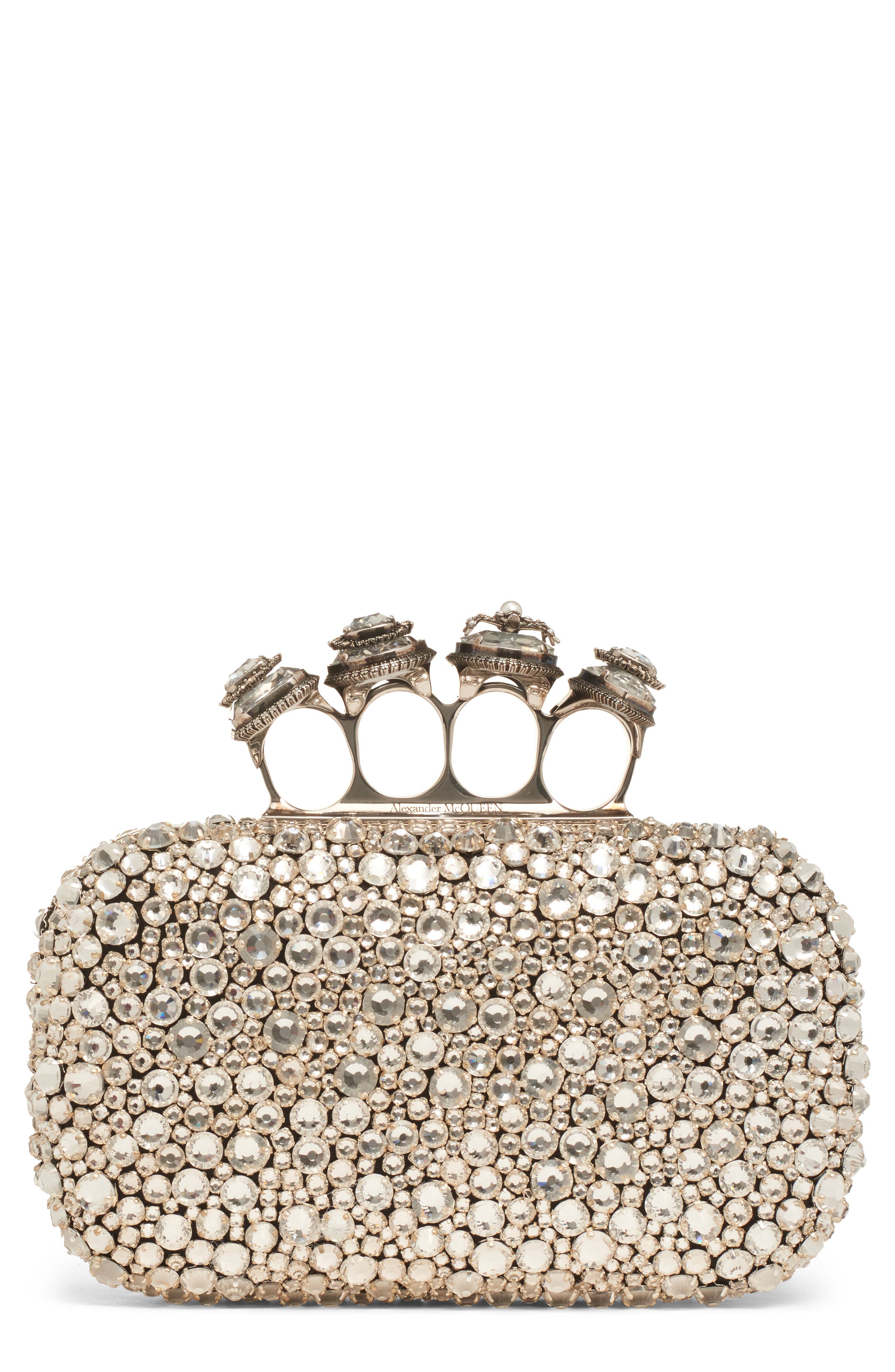 McQueen Spider Crystal Knuckle Box Clutch, Main, color, Silver/ Silver