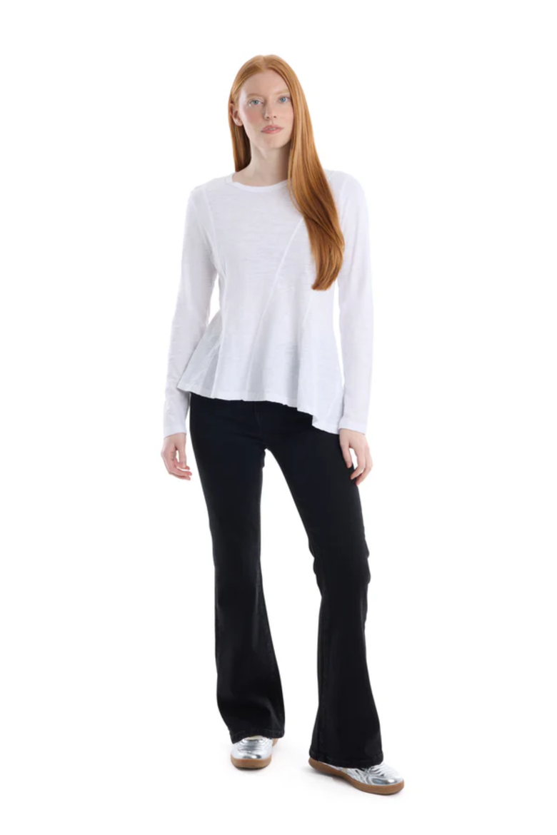 Round Neck Long Sleeve Tee with Asymmetric Hem & Body Seams, Alternate, color, White