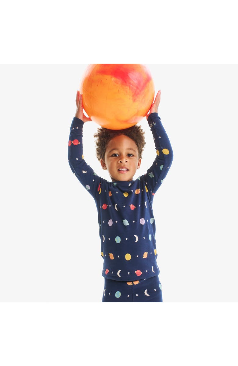 Primary Kids Organic Long Sleeve PJ Top in Rainbow Galaxy, Alternate, color, Navy Planets