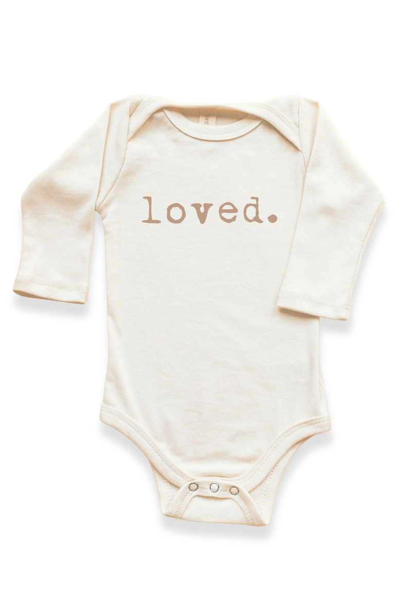 Tenth 
Pine Loved Organic Baby Bodysuit Long Sleeve, Main, color, Natural Clay Lettering