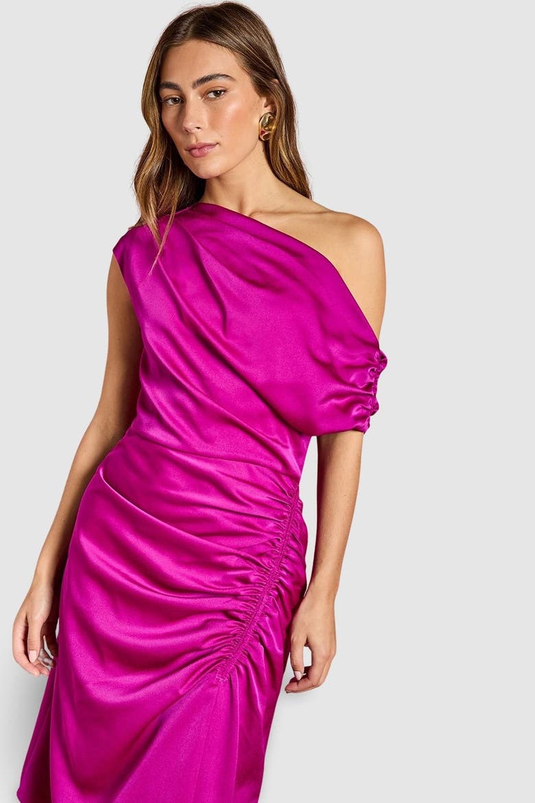 Satin One Shoulder Midi Dress, Alternate, color, Dark Pink
