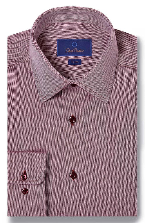 David Donahue Trim Fit Micro Herringbone Dress Shirt in Merlot 