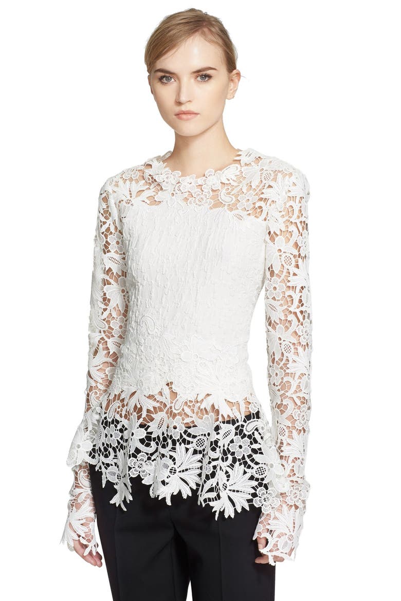 Floral Lace & Cloqué Blouse, Main, color, WHITE