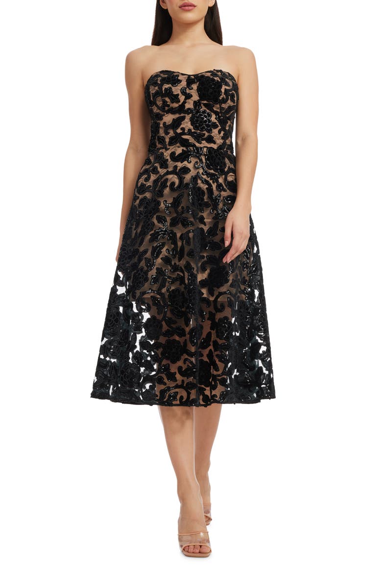 Sadie Floral Sequin Strapless A-Line Dress, Main, color, BLACK-BEIGE