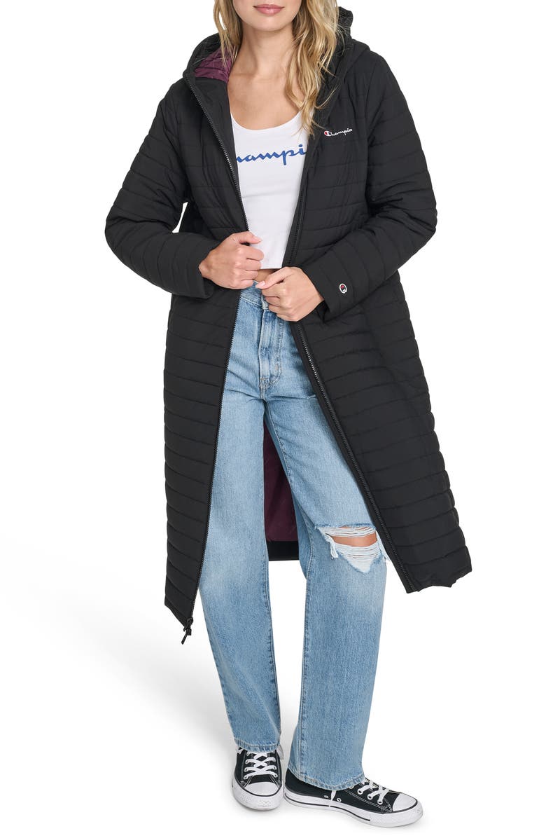 Champion Hooded Puffer Coat, Alternate, color, Black