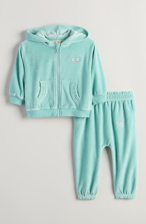 Bow Embroidered Velour Full Zip Hoodie & Joggers Set (Baby)