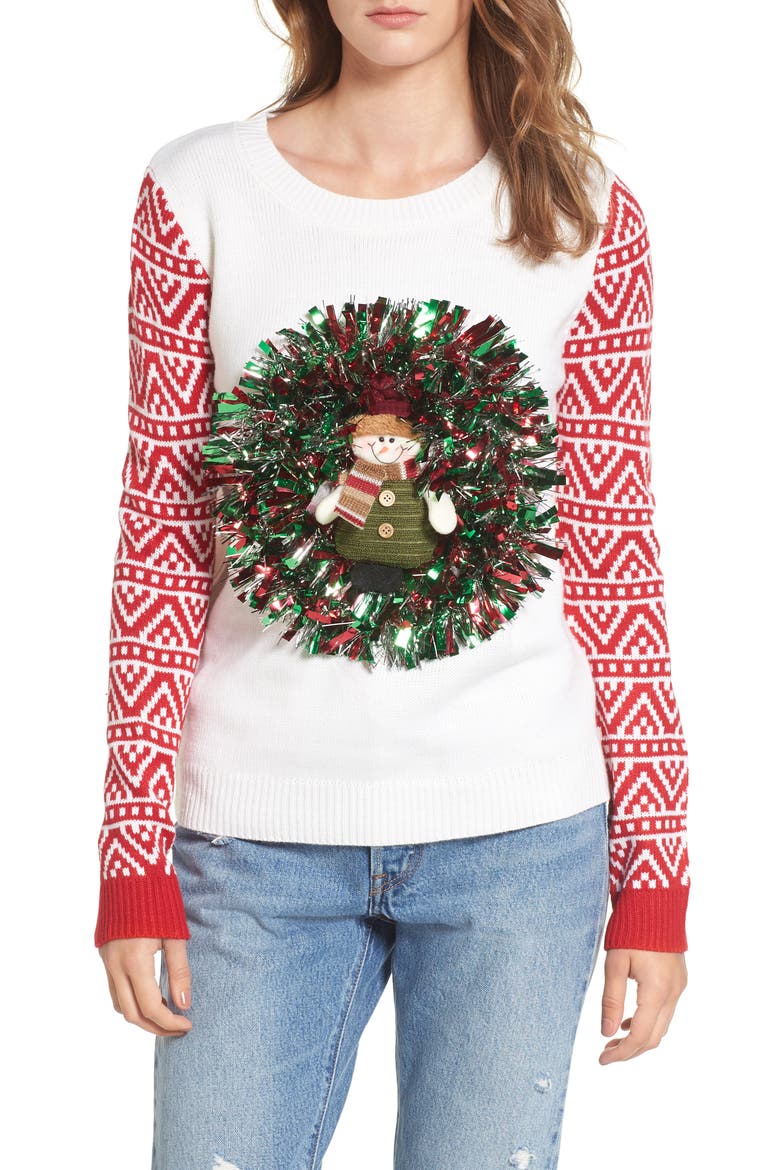 Snowman Wreath Sweater, Main, color, SNOWMAN WREATH