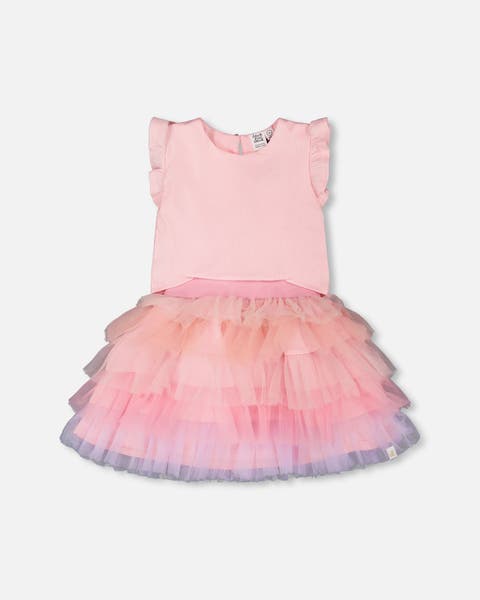 Bi-Material Short Flutter Sleeve Dress (Toddler, Little Kid & Big Kid)
