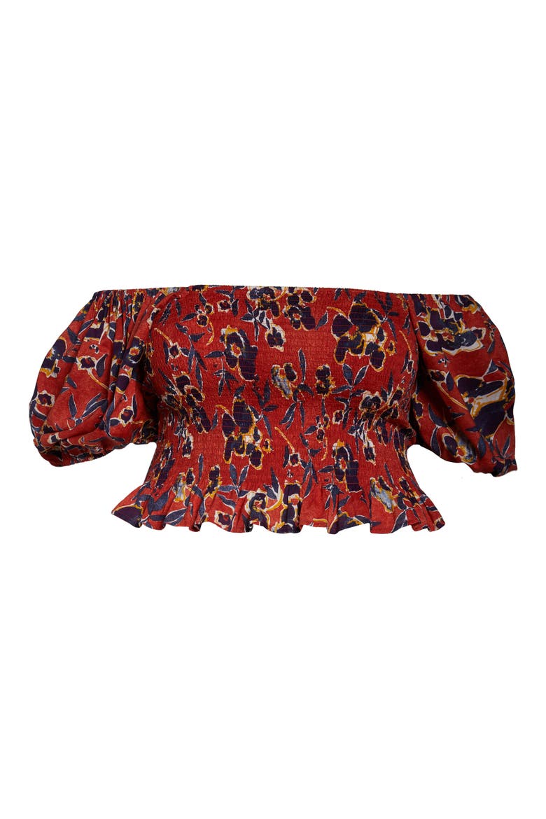 Print Smocked Crop Top, Alternate, color, RED OCHRE ABSTRACT FLORAL
