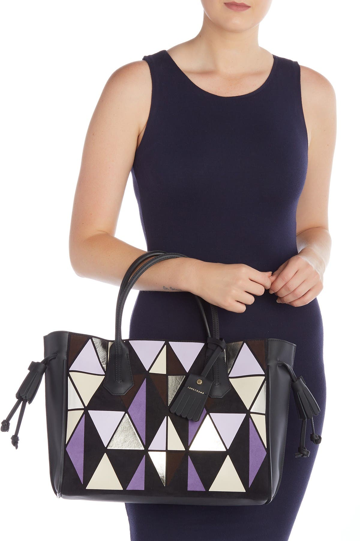 Longchamp Le Pliage Handle Leather Tote, Alternate, color, Amethyst