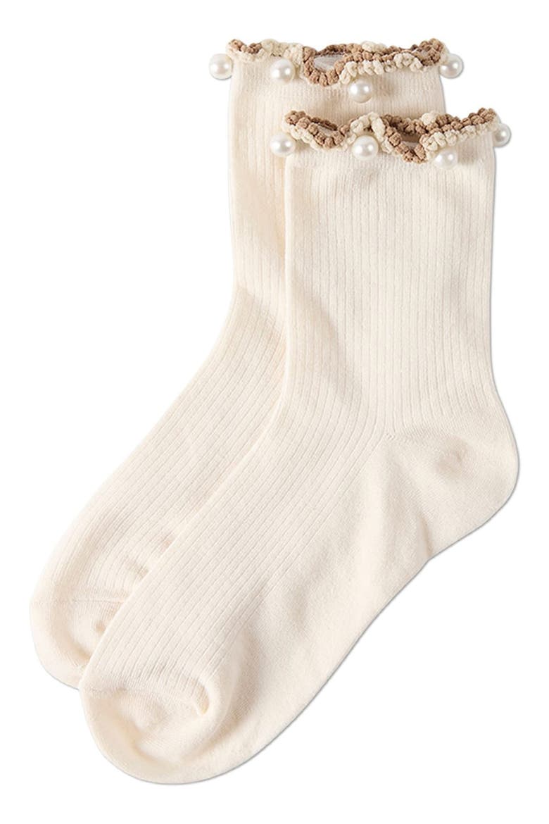 Faux Pearl Lettuce Edge Cotton Blend Crew Socks, Alternate, color, IVORY