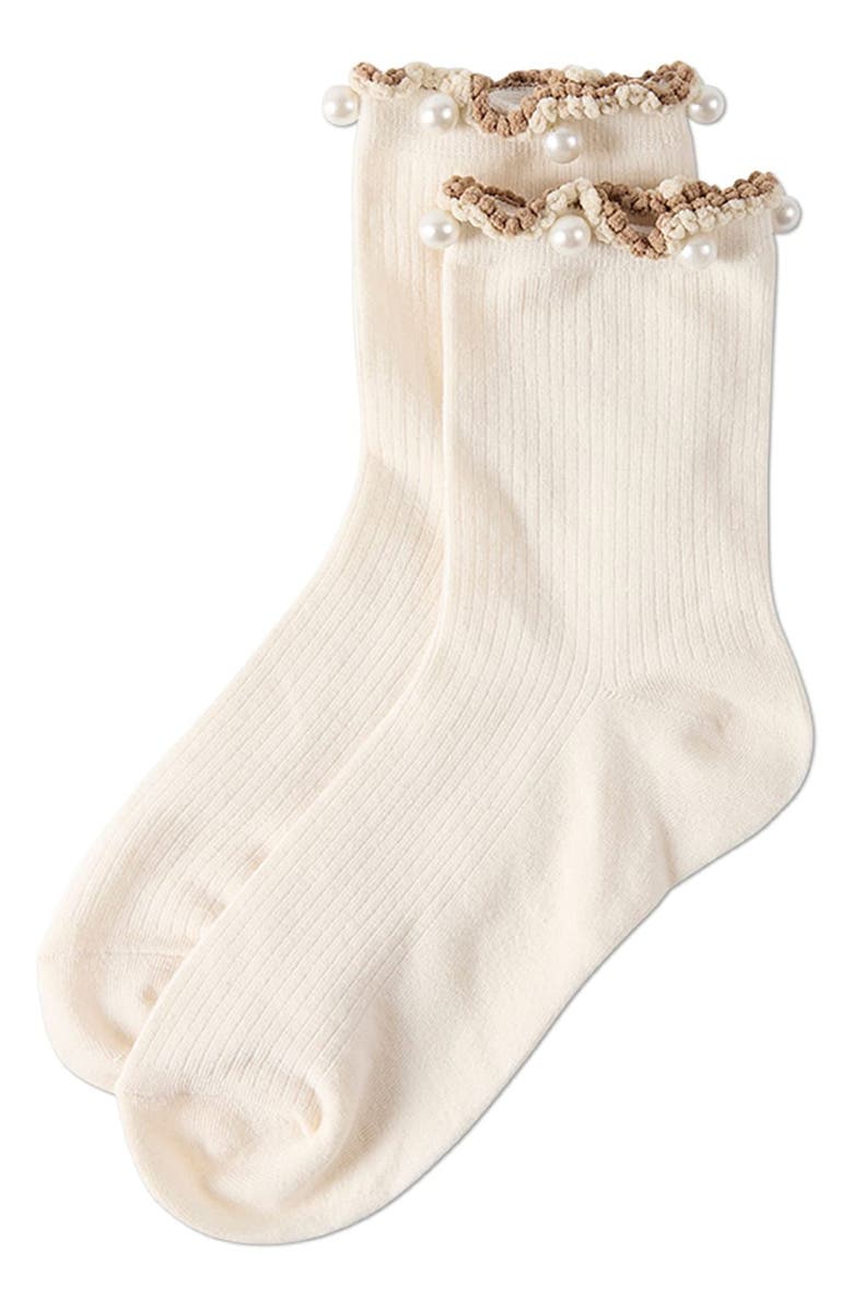 MeMoi Faux Pearl Lettuce Edge Cotton Blend Crew Socks, Alternate, color, Ivory