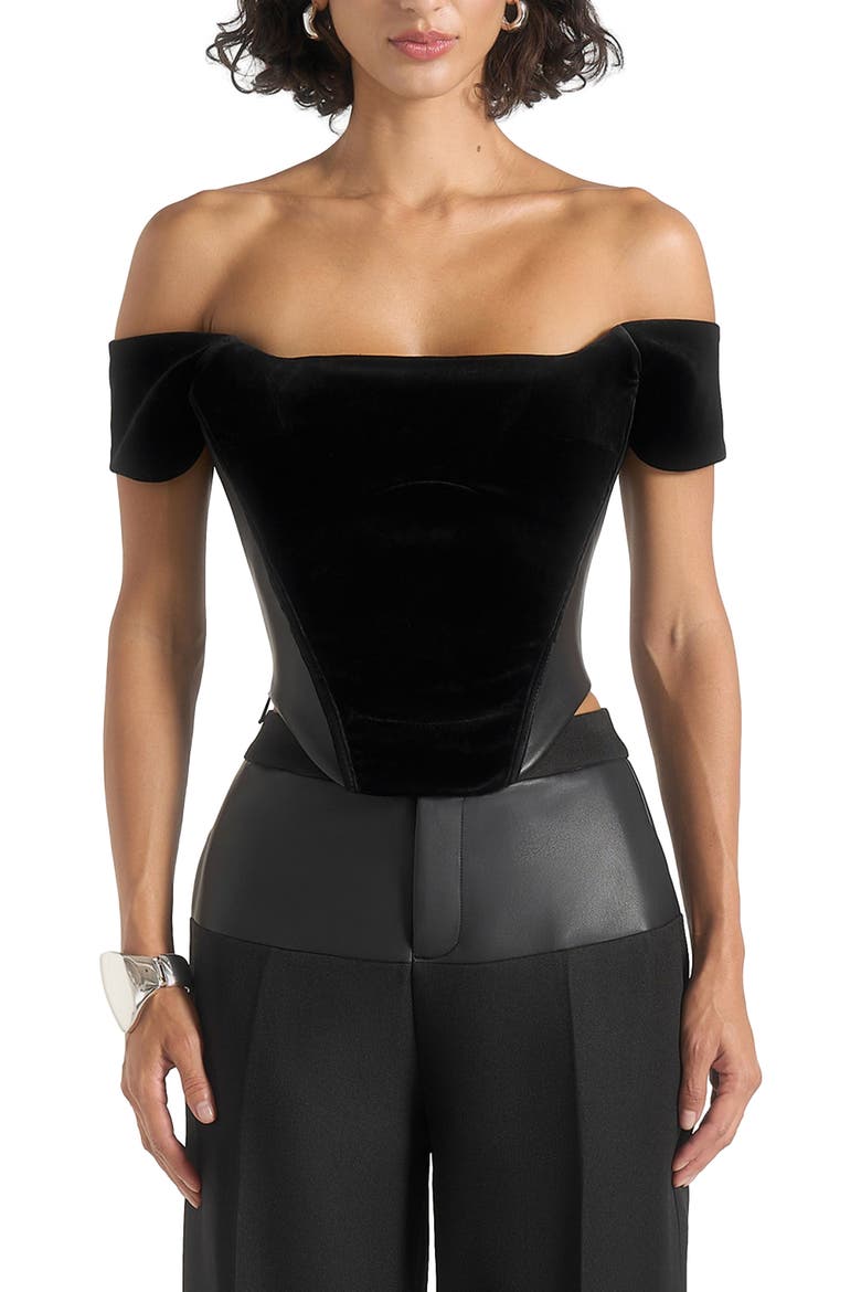 Fae Velvet & Leather Bardot Corset Top, Alternate, color, Black