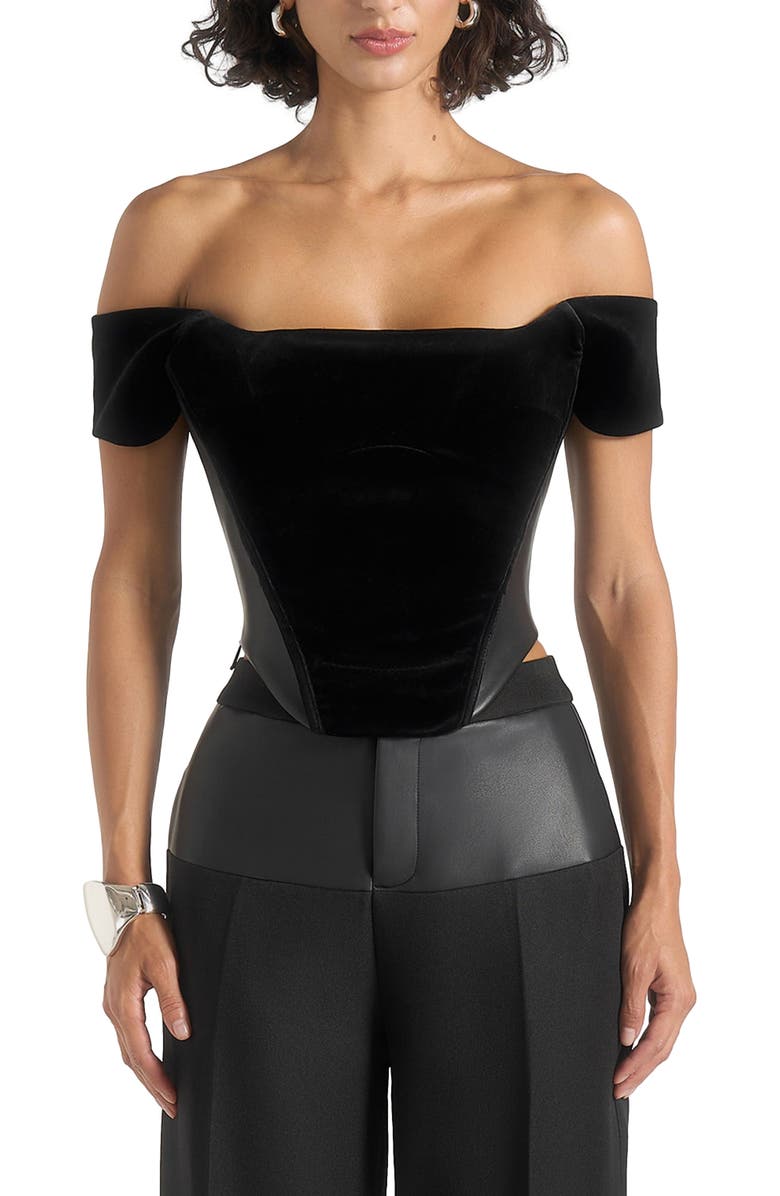 Manière De Voir Fae Velvet & Leather Bardot Corset Top, Alternate, color, Black