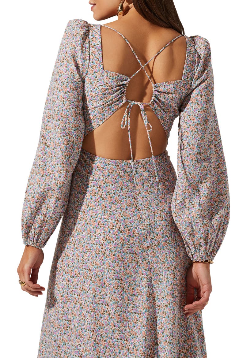Floral Print Long Sleeve Back Cutout Midi Dress, Alternate, color, BLUE ORANGE DITSY