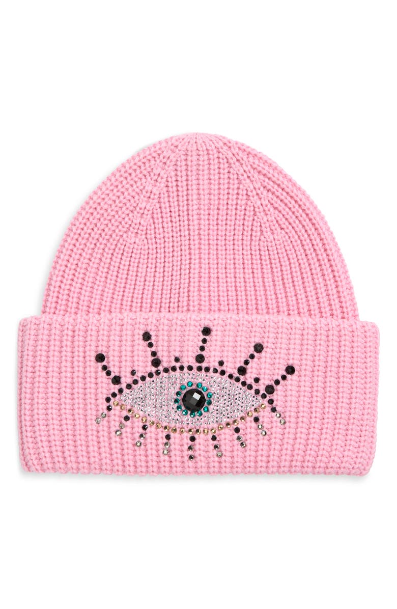 Kurt Geiger London Beaded Evil Eye Beanie, Main, color, Fuchsia