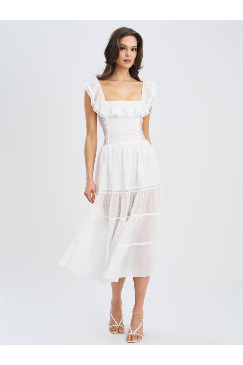 Eden Square Neck Ruffle Trim High Waist Midi Dress, Alternate, color, White