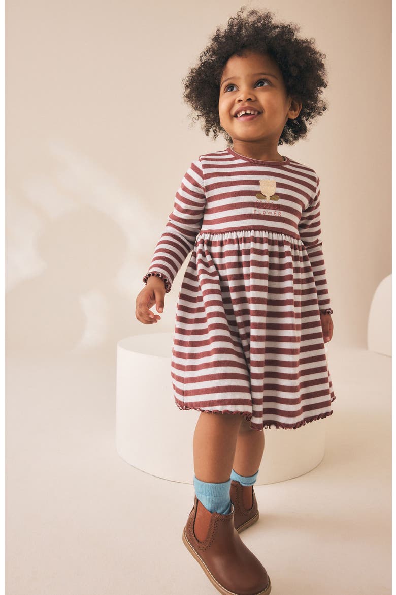 Kids' Stripe Rib Stretch Cotton Jersey Dress, Alternate, color, BROWN