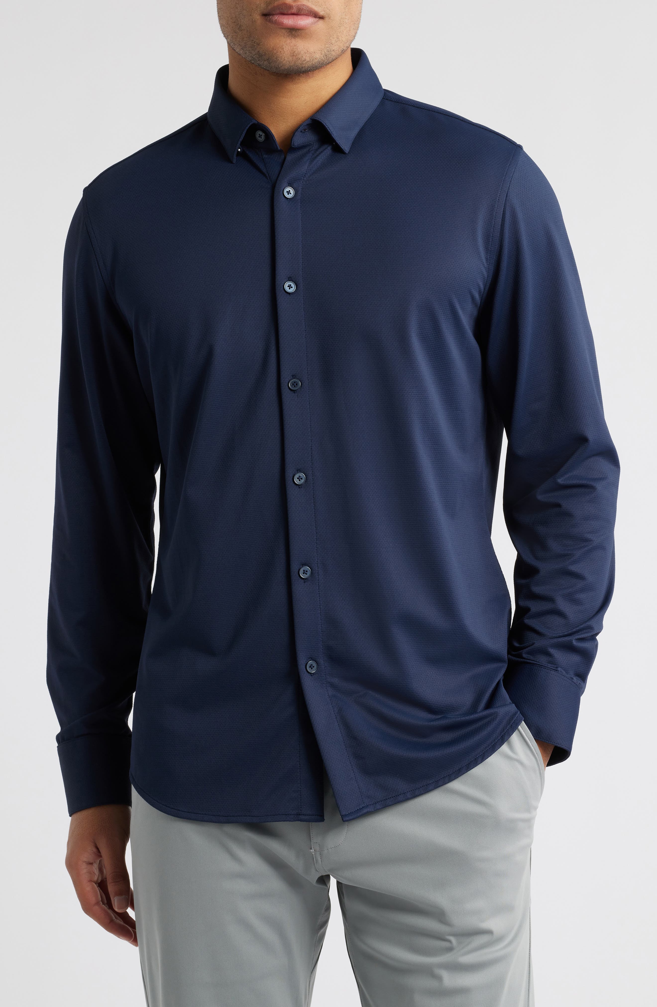 Halyard Trim Fit Solid Textured Knit Button-Up Shirt - image 3