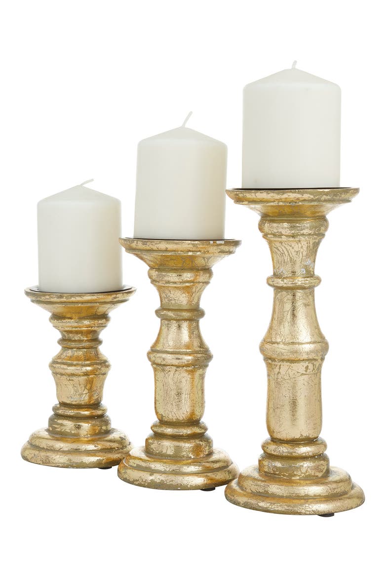 Goldtone Mango Wood Turned Style Pillar Candle Holder - Set of 3, Alternate, color, GOLD