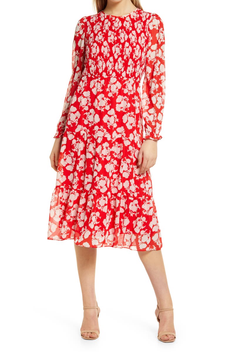 Julia Jordan Floral Smocked Long Sleeve Midi Dress, Main, color, 