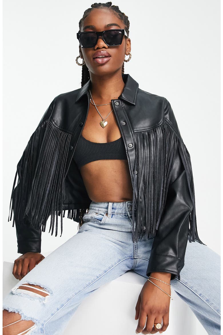 Fringe Crop Faux Leather Jacket, Main, color, BLACK